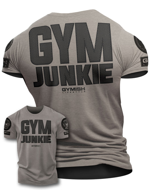 GYMISH Gym Junkie Back Design Funny Workout Gym T-Shirt for Men T-Shirt Warm Grey with Sleeve Logo T-Shirt GYMISH LIFESTYLE