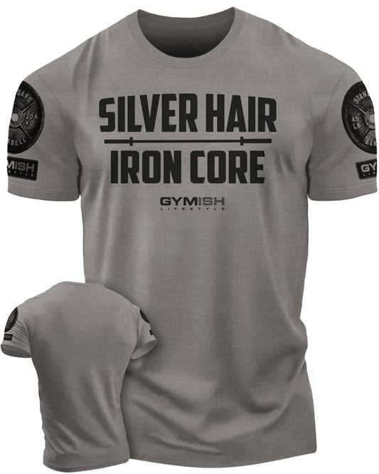 083. Silver Hair Iron Core Funny Workout Gym T-Shirts for Men T-Shirt Warm Grey with Sleeve Logo T-Shirt GYMISH LIFESTYLE