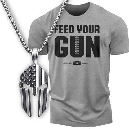 Gift Set for Men Feed Your Gun Workout Gym Shirt with Spartan Warrior Pendant