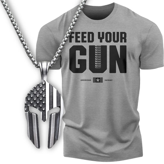 Gift Set for Men Feed Your Gun Workout Gym Shirt with Spartan Warrior Pendant