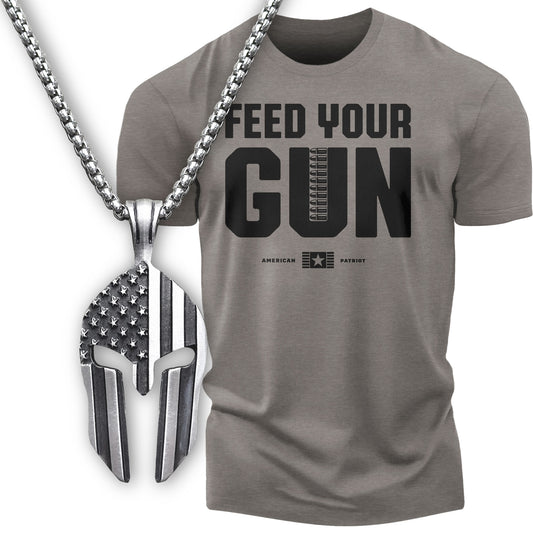 Gift Set for Men Feed Your Gun Workout Gym Shirt with Spartan Warrior Pendant