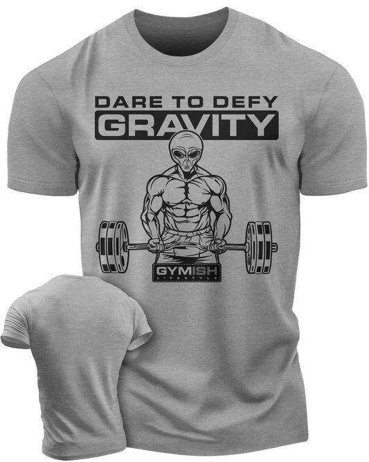 104a. Dare To Defy Gravity Funny Workout Gym T-Shirt for Men T-Shirt Heather Grey T-Shirt GYMISH LIFESTYLE