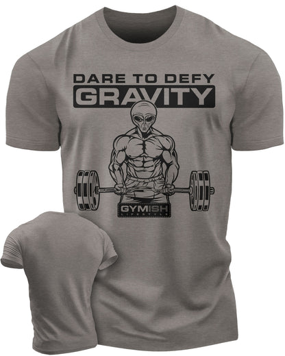 104a. Dare To Defy Gravity Funny Workout Gym T-Shirt for Men T-Shirt Warm Grey T-Shirt GYMISH LIFESTYLE