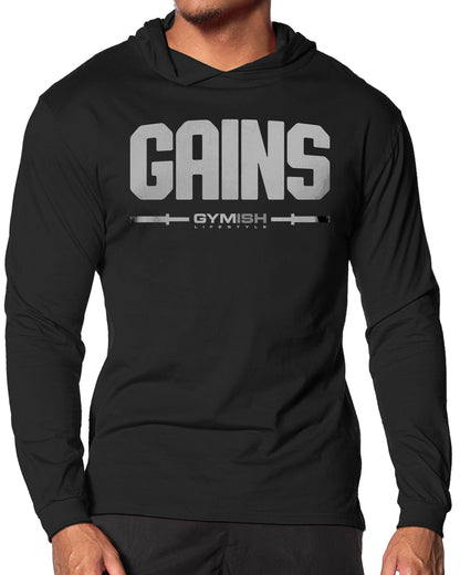135. Gains Lightweight Long Sleeve Hooded T-shirt for Men Silver On Black Hoodie T-Shirt GYMISH LIFESTYLE