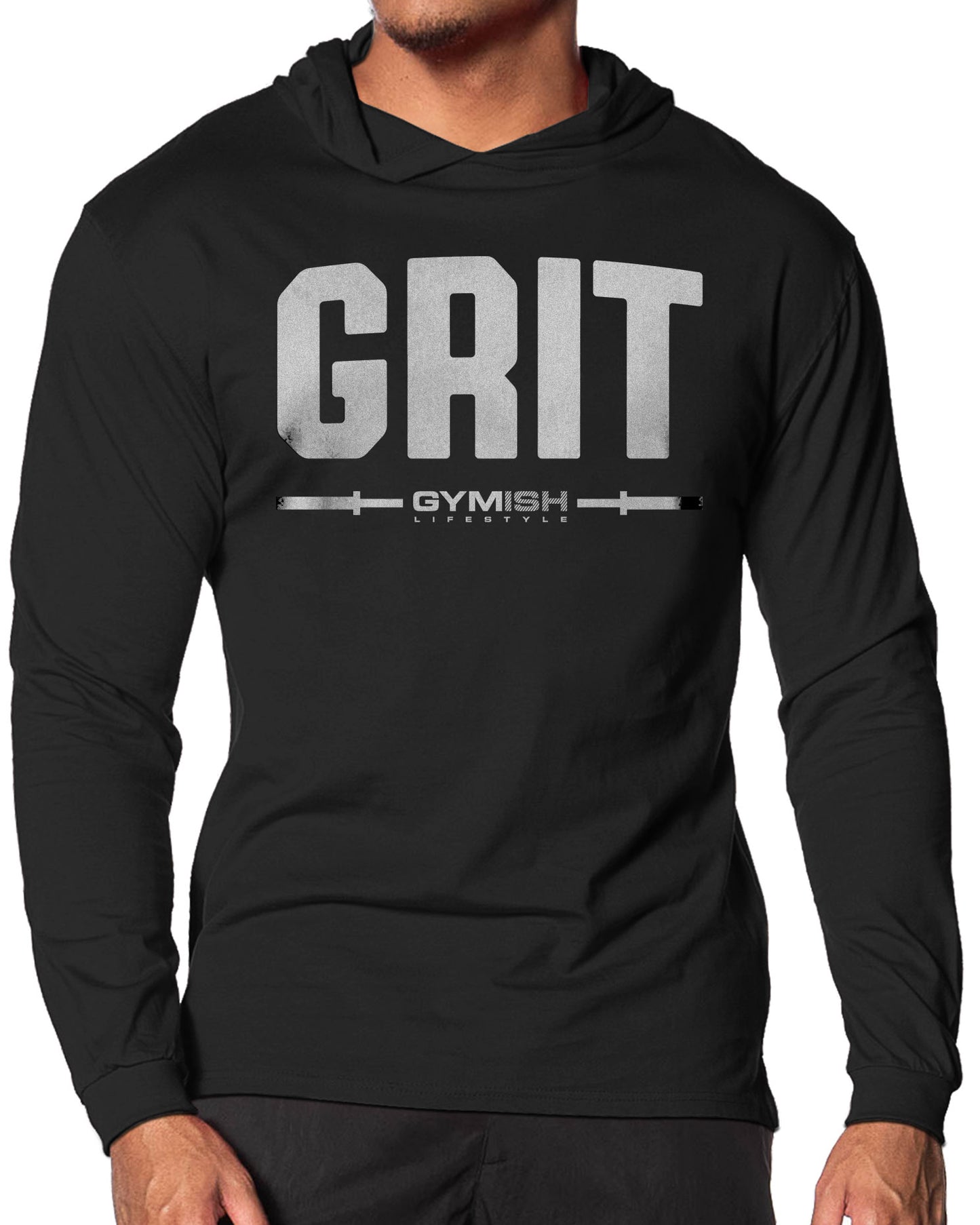 134. Grit Lightweight Long Sleeve Hooded T-shirt for Men Silver On Black Hoodie T-Shirt GYMISH LIFESTYLE