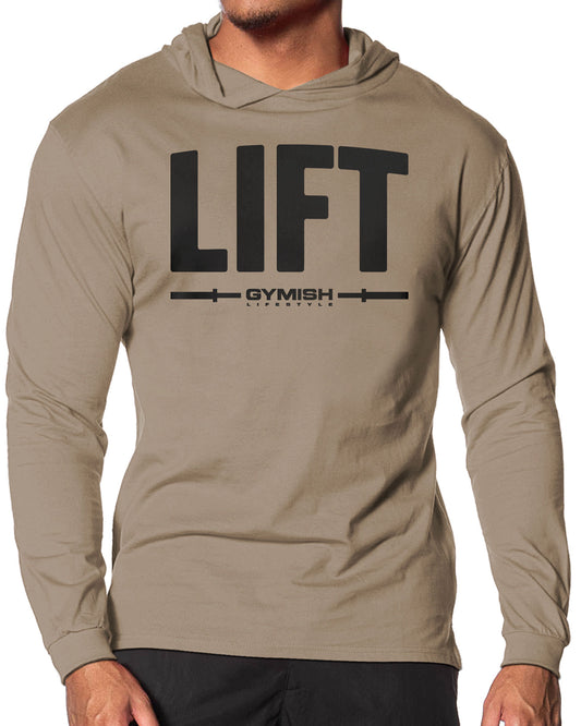 137. Lift Lightweight Long Sleeve Hooded T-shirt for Men Khaki Hoodie T-Shirt GYMISH LIFESTYLE