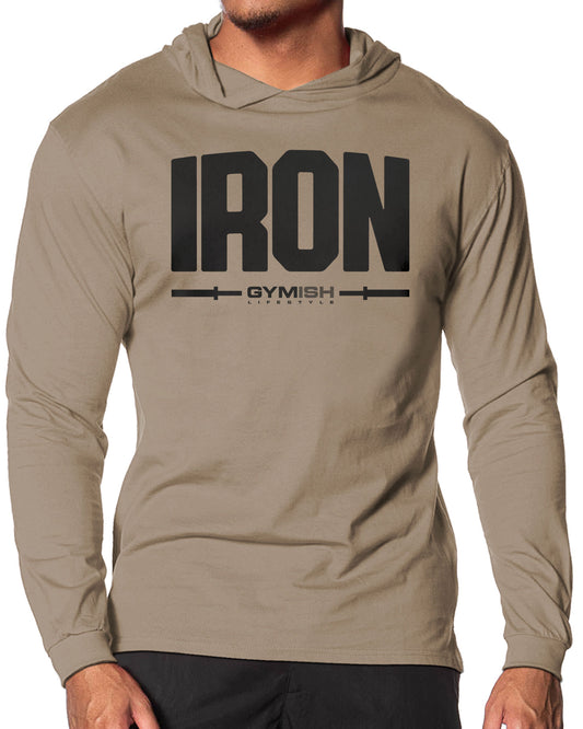 136. Iron Lightweight Long Sleeve Hooded T-shirt for Men Khaki Hoodie T-Shirt GYMISH LIFESTYLE