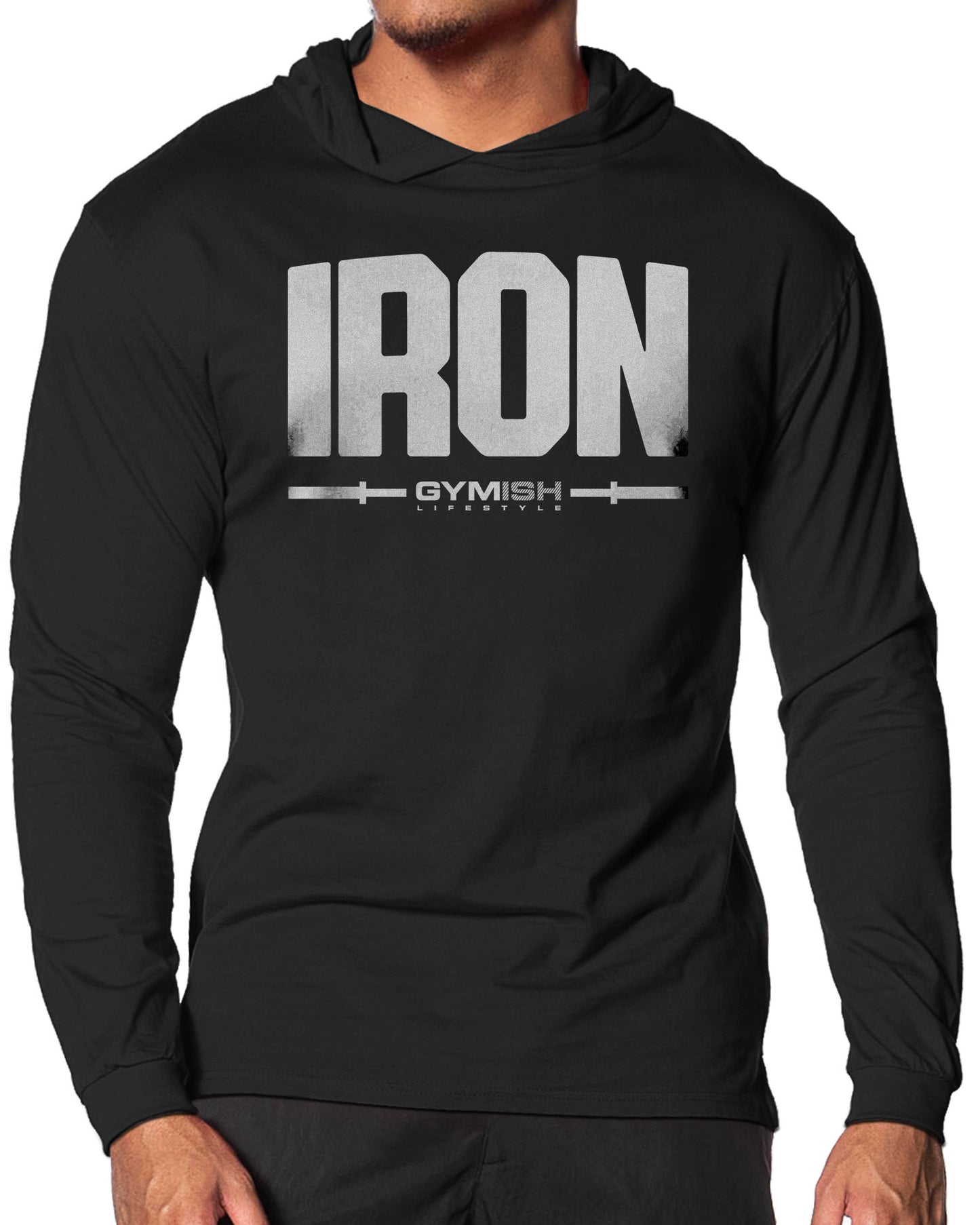 136. Iron Lightweight Long Sleeve Hooded T-shirt for Men Silver On Black Hoodie T-Shirt GYMISH LIFESTYLE