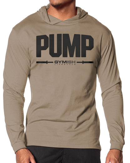 132. Pump Lightweight Long Sleeve Hooded T-shirt for Men Khaki Hoodie T-Shirt GYMISH LIFESTYLE