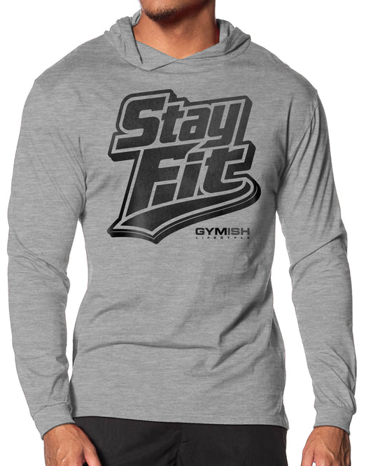 131. Stay Fit Lightweight Long Sleeve Hooded T-shirt for Men Sport Grey Hoodie T-Shirt GYMISH LIFESTYLE