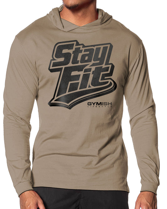 131. Stay Fit Lightweight Long Sleeve Hooded T-shirt for Men Khaki Hoodie T-Shirt GYMISH LIFESTYLE