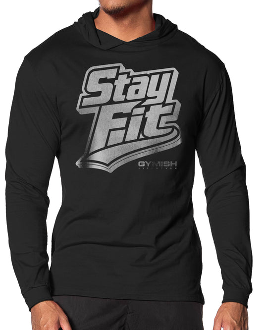 131. Stay Fit Lightweight Long Sleeve Hooded T-shirt for Men Silver On Black Hoodie T-Shirt GYMISH LIFESTYLE