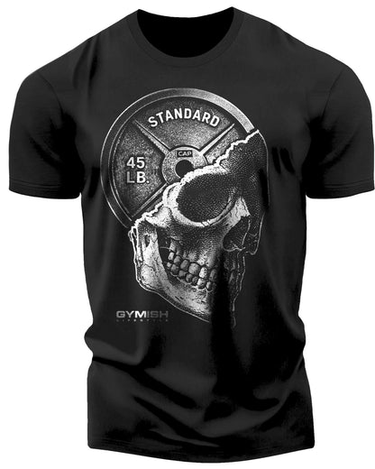 051. SkullPlate Funny Motivational Workout Gym T-Shirt for Men T-Shirt Silver On Black T-Shirt GYMISH LIFESTYLE