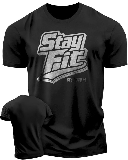 131. Stay Fit Funny Motivational Workout Gym T-Shirt for Men T-Shirt Silver On Black T-Shirt GYMISH LIFESTYLE