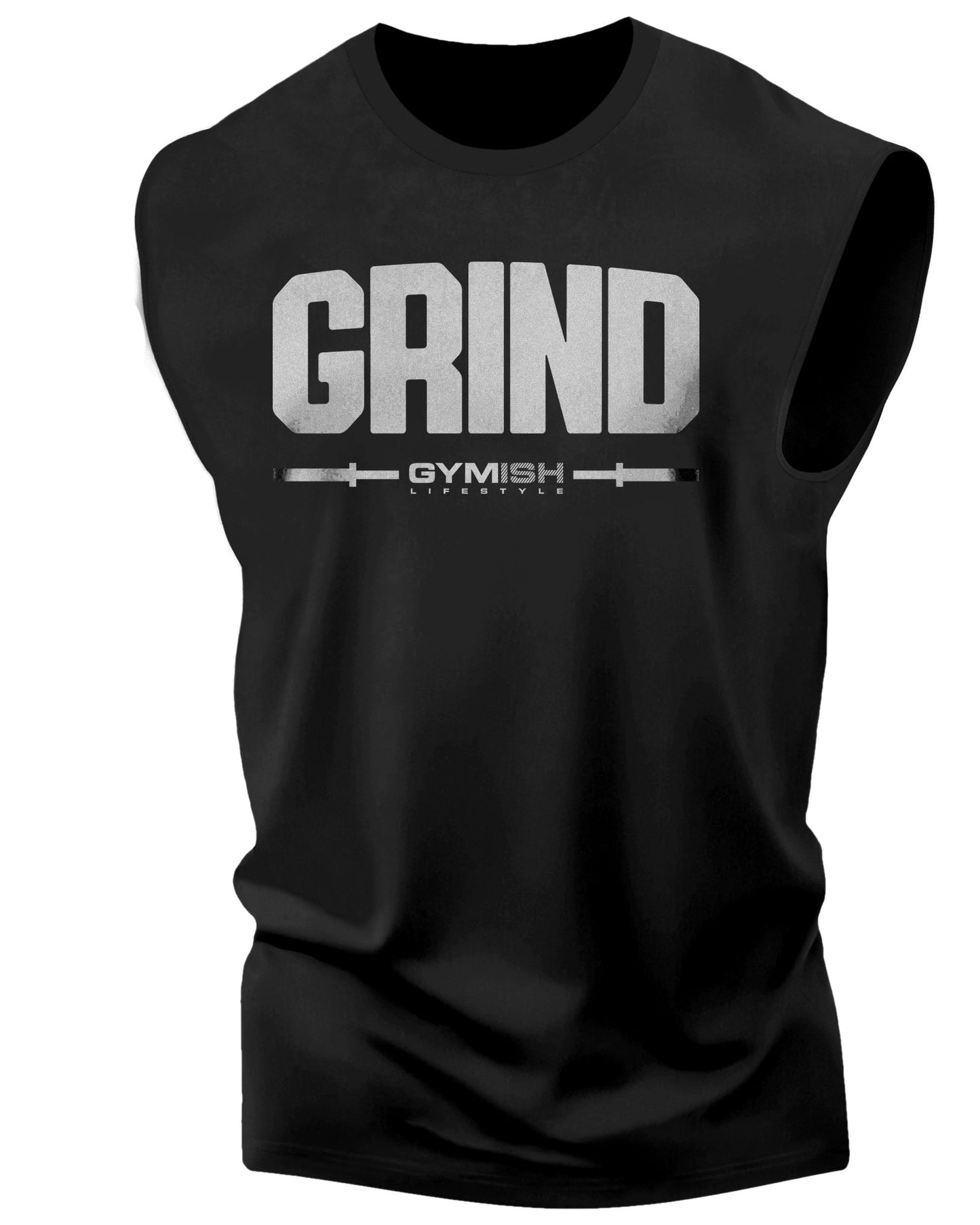 139. Grind Workout Funny Muscle Tank Top for Men Silver On Black T-Shirt GYMISH LIFESTYLE