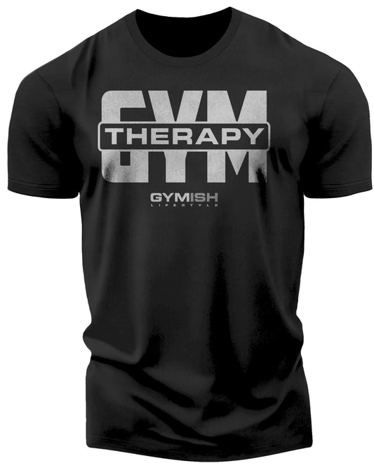 129. Gym Therapy V2 Funny Motivational Workout Gym T-Shirt for Men T-Shirt Silver On Black T-Shirt GYMISH LIFESTYLE