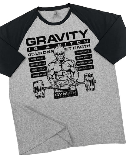 104. RAGLAN Defy Gravity Funny Workout Gym T-Shirt for Men T-Shirt Grey T-Shirt GYMISH LIFESTYLE