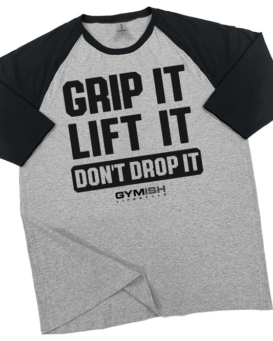108. RAGLAN Grip It Workout Funny Gym T-Shirt for Men T-Shirt Grey T-Shirt GYMISH LIFESTYLE