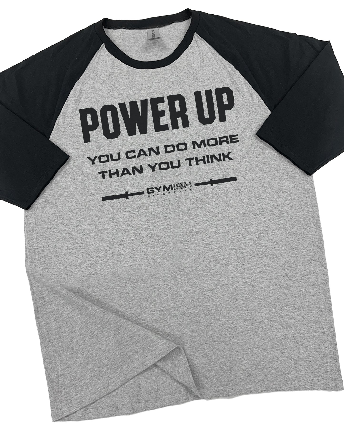 112. RAGLAN Power Up Funny Workout Gym T-Shirt for Men T-Shirt Grey T-Shirt GYMISH LIFESTYLE