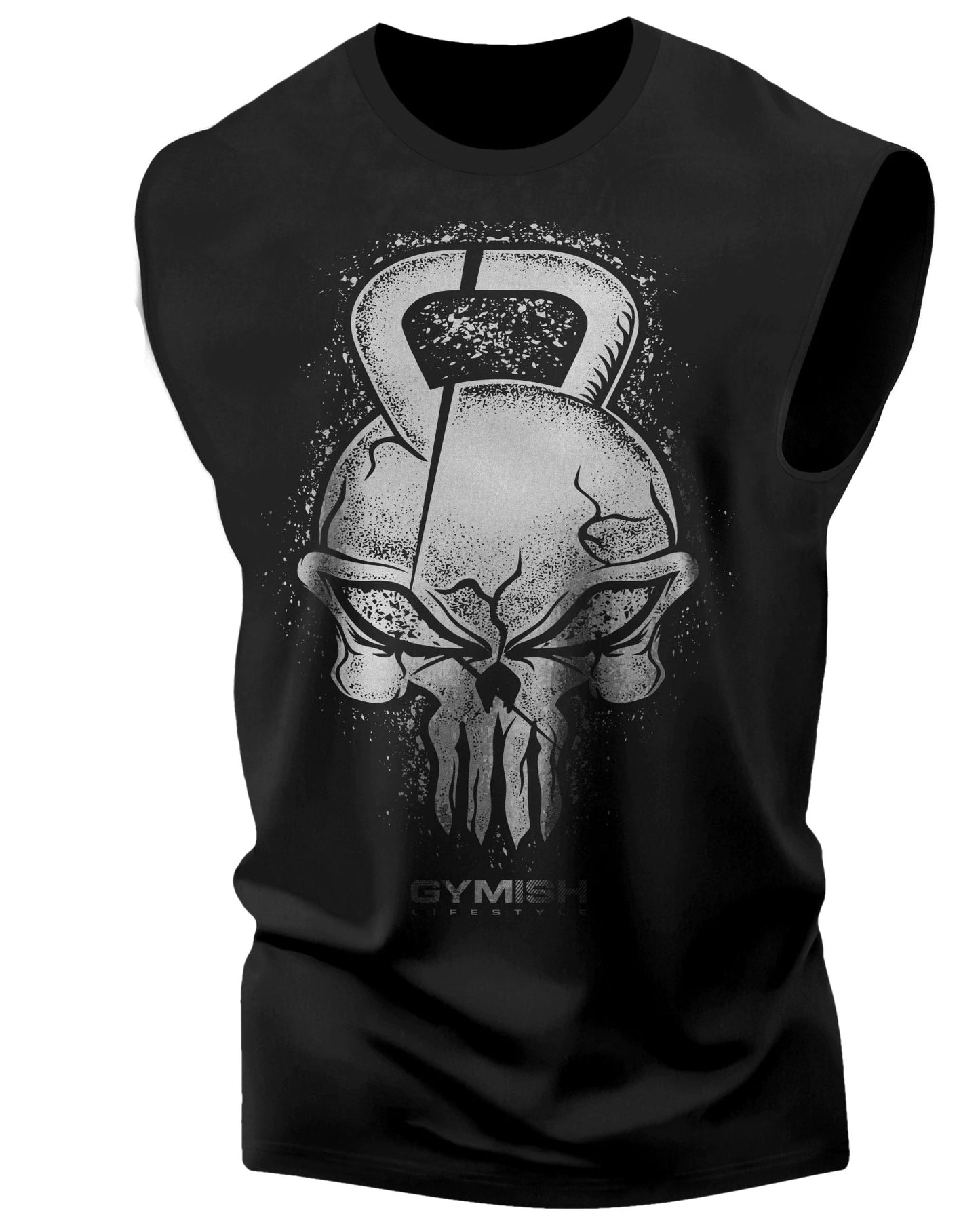 028. Gym Reaper Skull Funny Workout Muscle Tank Top for Men Silver On Black T-Shirt GYMISH LIFESTYLE
