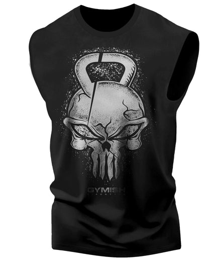028. Gym Reaper Skull Funny Workout Muscle Tank Top for Men Silver On Black T-Shirt GYMISH LIFESTYLE