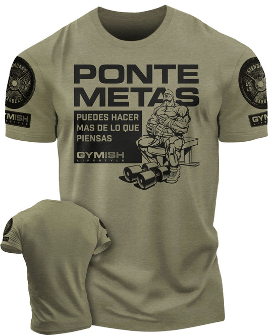 Ponte metas Puedes hacer mas De lo que piensas Workout Gym T-Shirt Funny Gym Shirt for Men Camiseta de gimnasio de entrenamiento T-Shirt Military Green with Sleeve Logo T-Shirt GYMISH LIFESTYLE