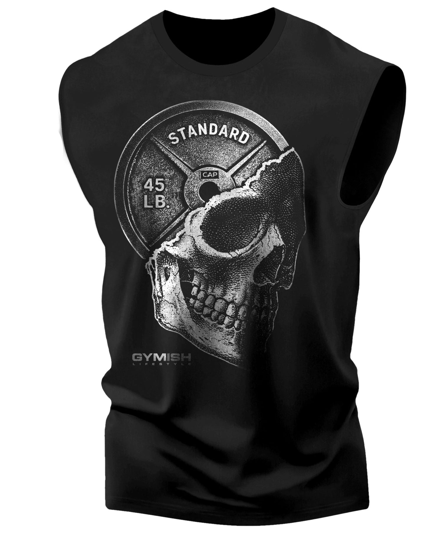 051. Skull Weight Plate Funny Workout Muscle Tank Top for Men Silver On Black T-Shirt GYMISH LIFESTYLE