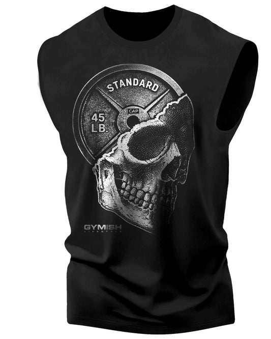 051. Skull Weight Plate Funny Workout Muscle Tank Top for Men Silver On Black T-Shirt GYMISH LIFESTYLE