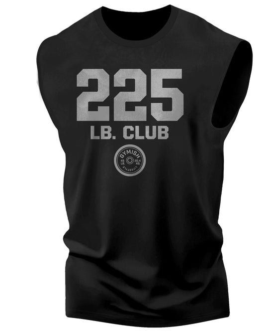 152. 225 Club Workout Funny Muscle Tank Top for Men Silver On Black T-Shirt GYMISH LIFESTYLE