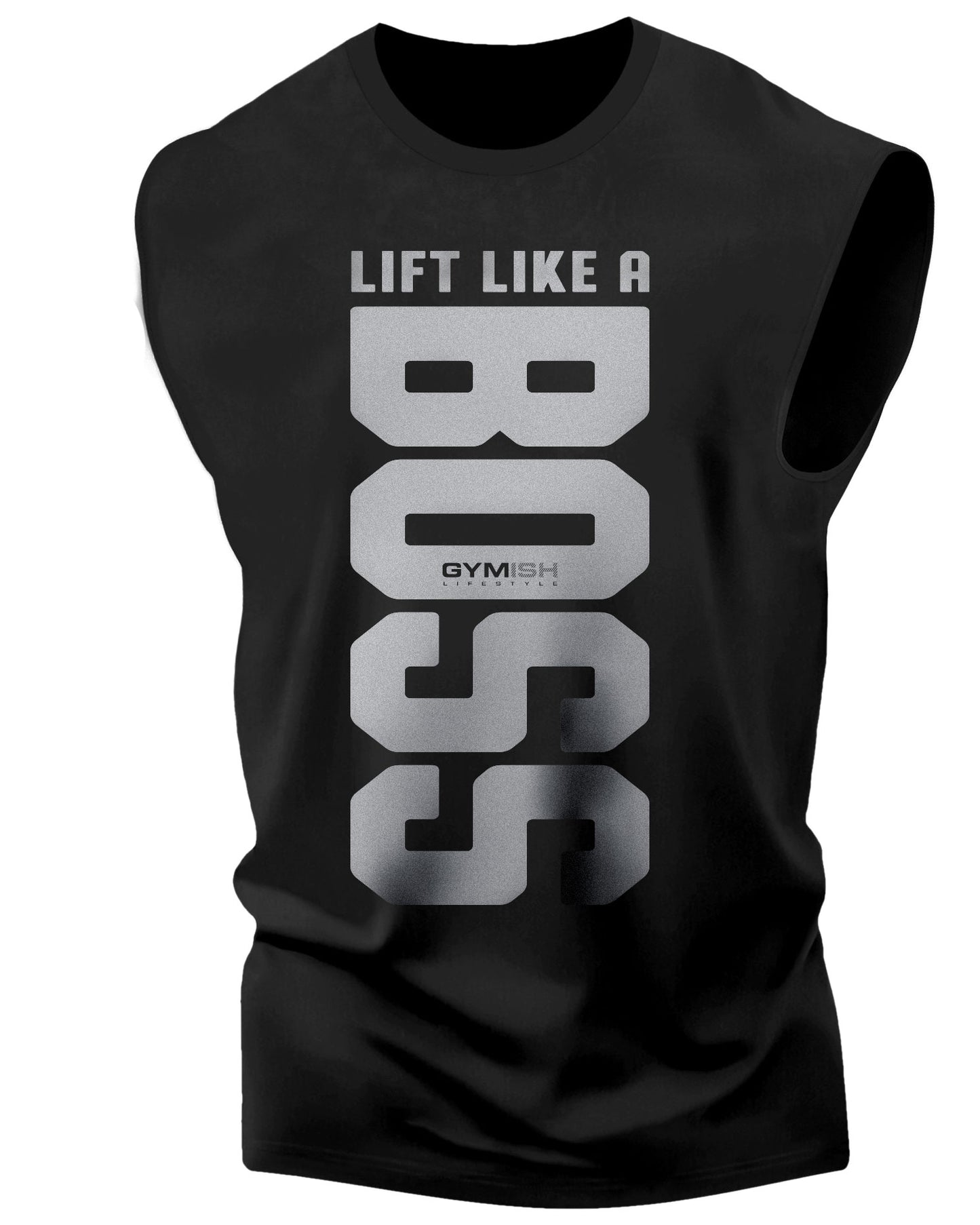 012. Lift Like A BOSS Funny Workout Muscle Tank Top for Men Silver On Black T-Shirt GYMISH LIFESTYLE