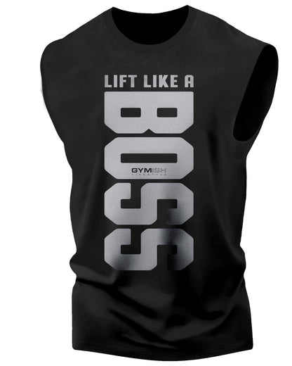 012. Lift Like A BOSS Funny Workout Muscle Tank Top for Men Silver On Black T-Shirt GYMISH LIFESTYLE