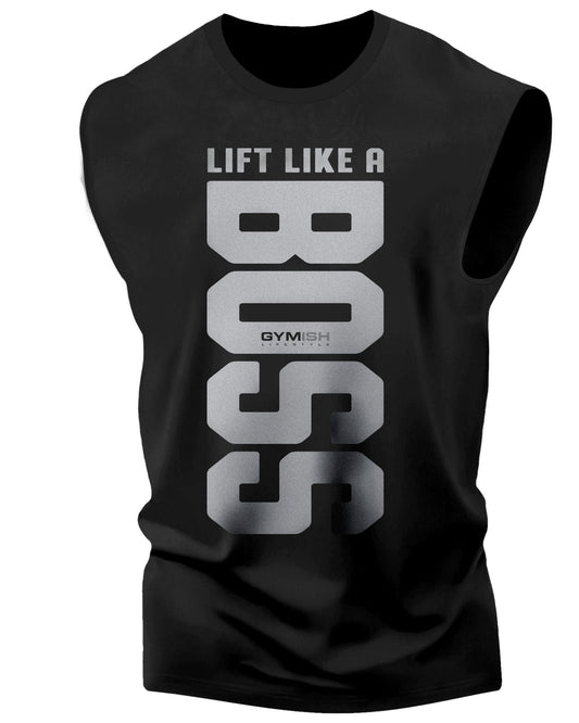 012. Lift Like A BOSS Funny Workout Muscle Tank Top for Men Silver On Black T-Shirt GYMISH LIFESTYLE