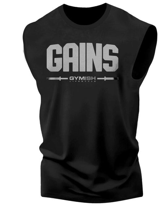 135. Gains Workout Funny Muscle Tank Top for Men Silver On Black T-Shirt GYMISH LIFESTYLE