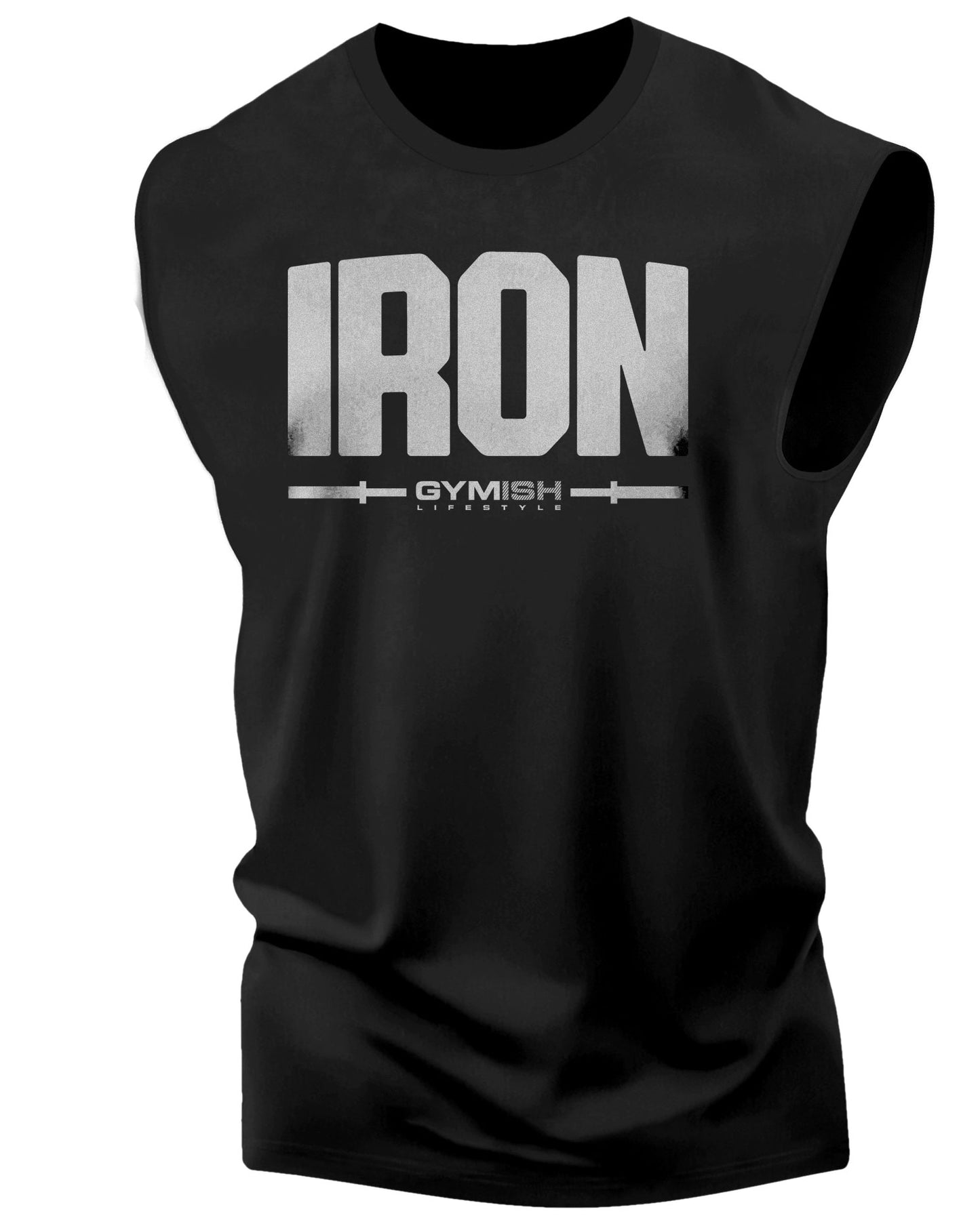 136. Iron Workout Funny Muscle Tank Top for Men Silver On Black T-Shirt GYMISH LIFESTYLE