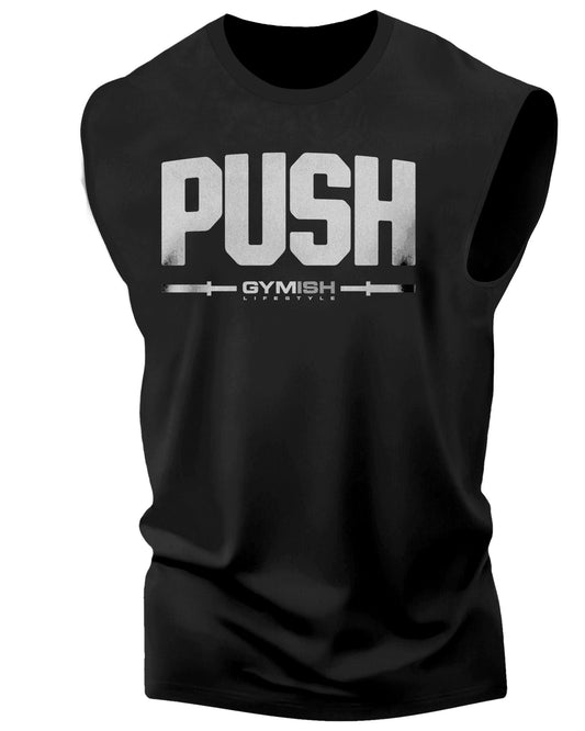 141. Push Workout Funny Muscle Tank Top for Men Silver On Black T-Shirt GYMISH LIFESTYLE