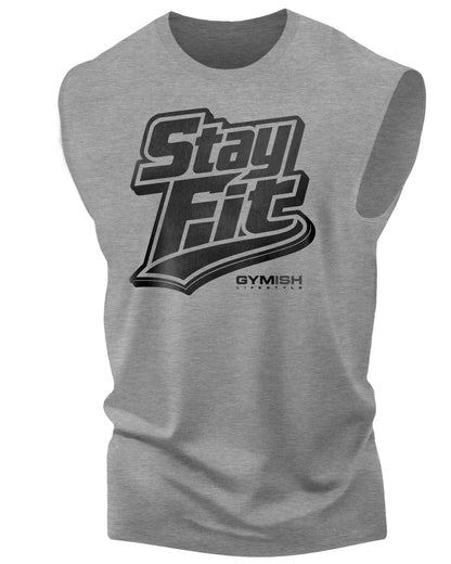 131. Stay Fit Workout Funny Muscle Tank Top for Men GreyHeather Grey T-Shirt GYMISH LIFESTYLE