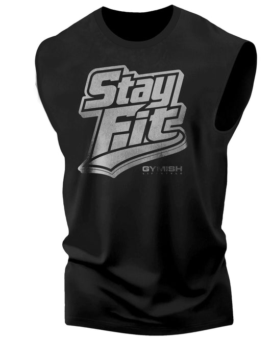 131. Stay Fit Workout Funny Muscle Tank Top for Men Silver On Black T-Shirt GYMISH LIFESTYLE