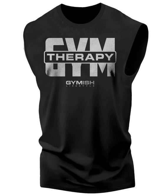 129. Gym Therapy V2 Workout Funny Muscle Tank Top for Men Silver On Black T-Shirt GYMISH LIFESTYLE