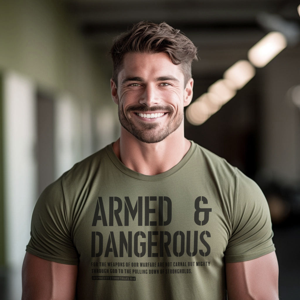 Gift Set for Men Armed and Dangerous Workout Gym Shirt with Spartan Warrior Pendant