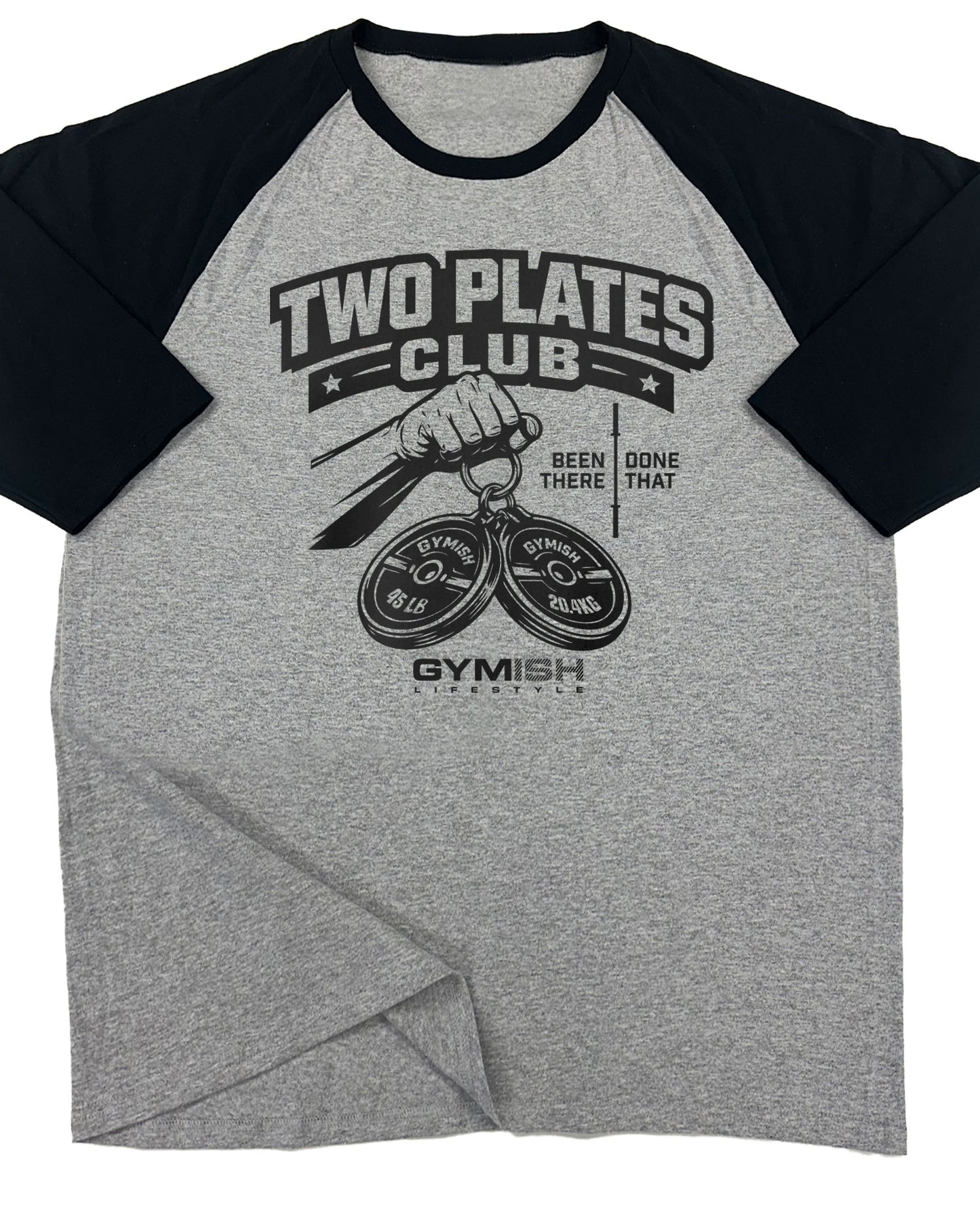 153. RAGLAN Two Plates Funny Workout Gym T-Shirt for Men T-Shirt Grey T-Shirt GYMISH LIFESTYLE