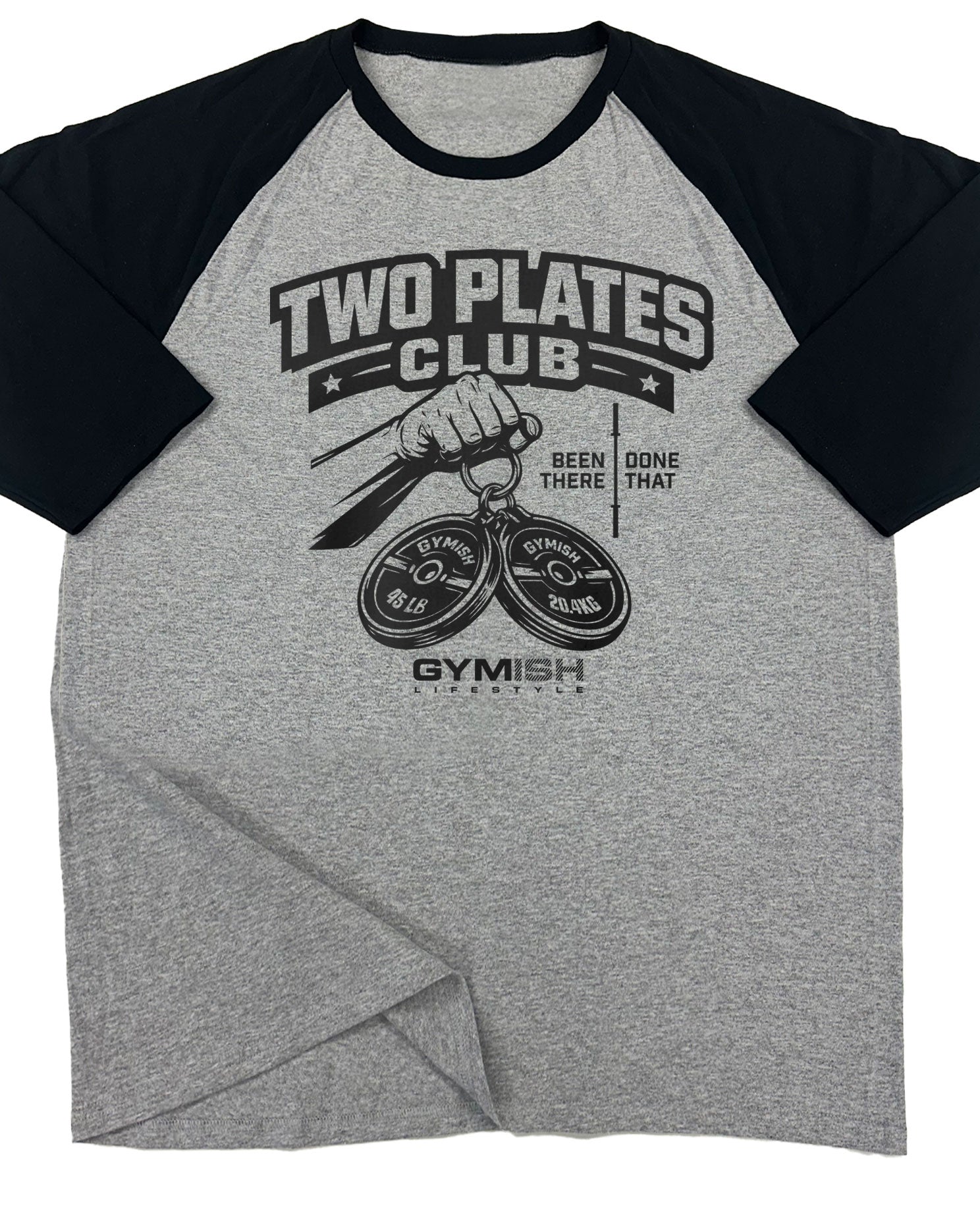 153. RAGLAN Two Plates Funny Workout Gym T-Shirt for Men T-Shirt Grey T-Shirt GYMISH LIFESTYLE