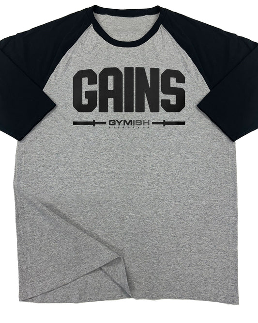 135. RAGLAN Gains Funny Workout Gym T-Shirt for Men T-Shirt Grey T-Shirt GYMISH LIFESTYLE