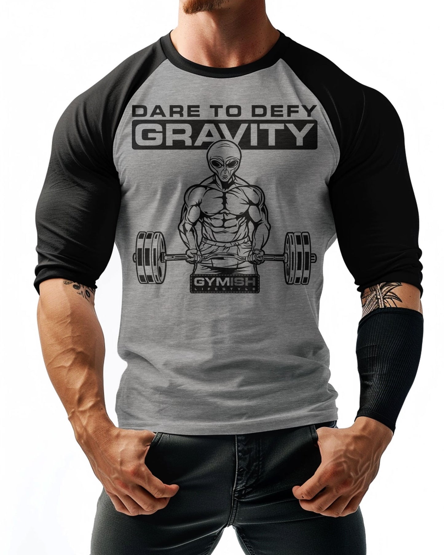 104a. RAGLAN Dare To Defy Gravity Funny Workout Gym T-Shirt for Men T-Shirt GYMISH LIFESTYLE