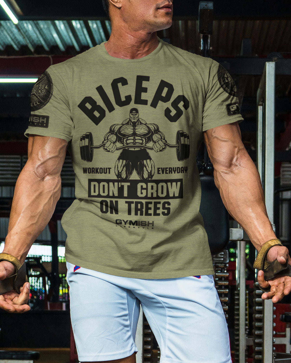 034. BICEPS Don't Grow On Trees Funny Motivational Workout Gym T-Shirt for Men T-Shirt GYMISH LIFESTYLE