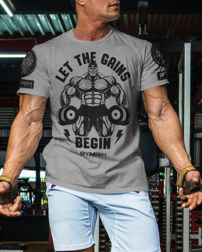 031. Let The Gains Begin Funny Motivational Workout Gym T-Shirt for Men T-Shirt GYMISH LIFESTYLE