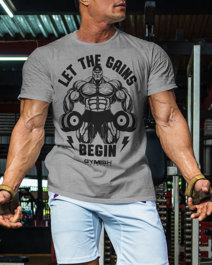 031. Let The Gains Begin Funny Motivational Workout Gym T-Shirt for Men T-Shirt GYMISH LIFESTYLE