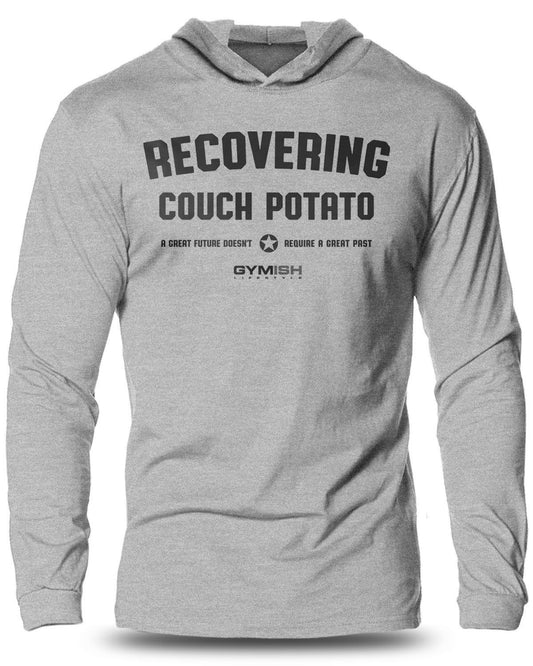 030- Recovering Couch Potato Lightweight Long Sleeve Hooded T-shirt for Men - Gymish - - #Gym Shirts# - - #Workout T-Shirts#