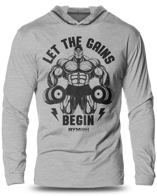 031- Let The Gains Begin Lightweight Long Sleeve Hooded T-shirt for Men - Gymish - - #Gym Shirts# - - #Workout T-Shirts#