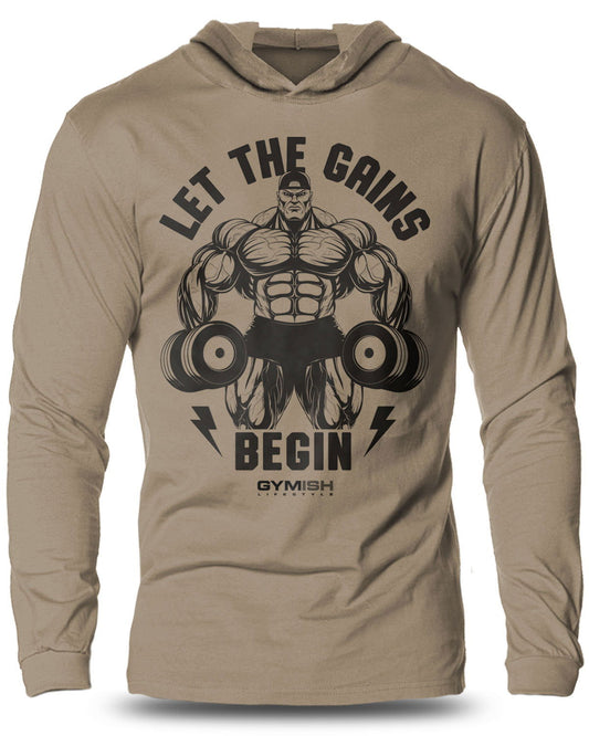 031- Let The Gains Begin Lightweight Long Sleeve Hooded T-shirt for Men - Gymish - - #Gym Shirts# - - #Workout T-Shirts#