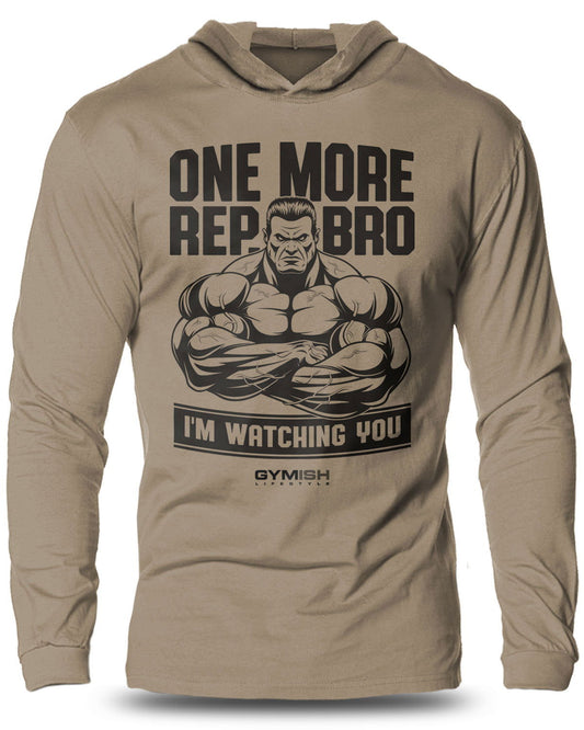 033- One More Rep, Bro! Lightweight Long Sleeve Hooded T-shirt for Men - Gymish - - #Gym Shirts# - - #Workout T-Shirts#